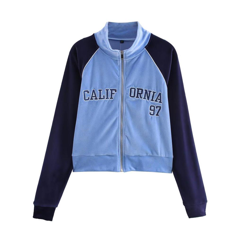 2025 Spring Women's Color-Block Embroidered Velvet Jacket and Pants Set