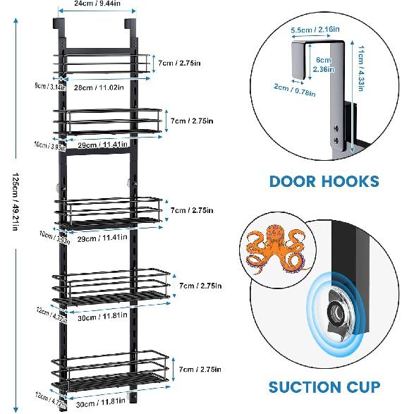 Adjustable 5-Tier Over the Door Pantry Organizer, Spice Rack, Narrow Hanging Shelf for Kitchen Storage and Organization