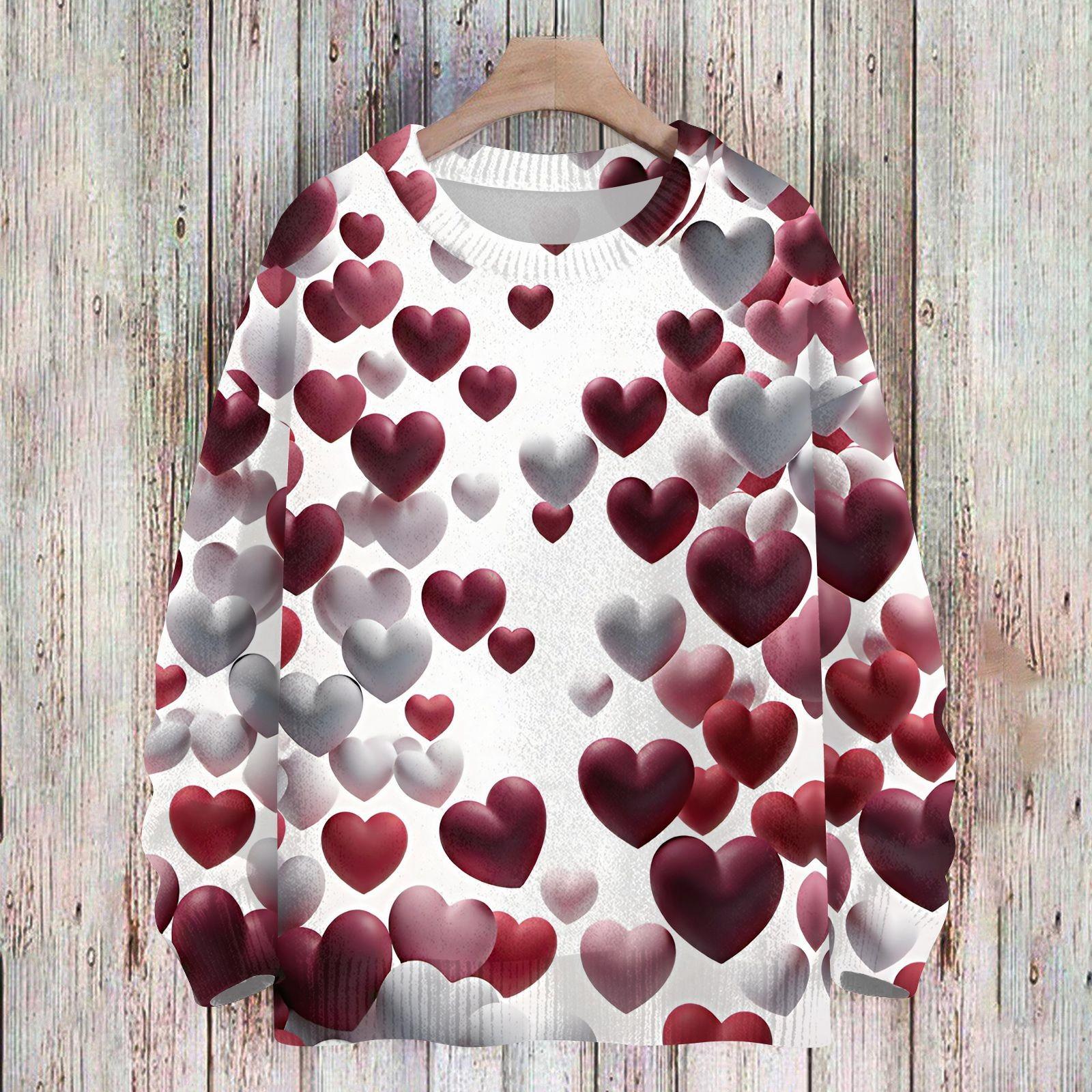 

Женская мода круглый вырез повседневный длинный рукав с принтом ко Дню святого Валентина шерстяной трикотажный топ XL белый