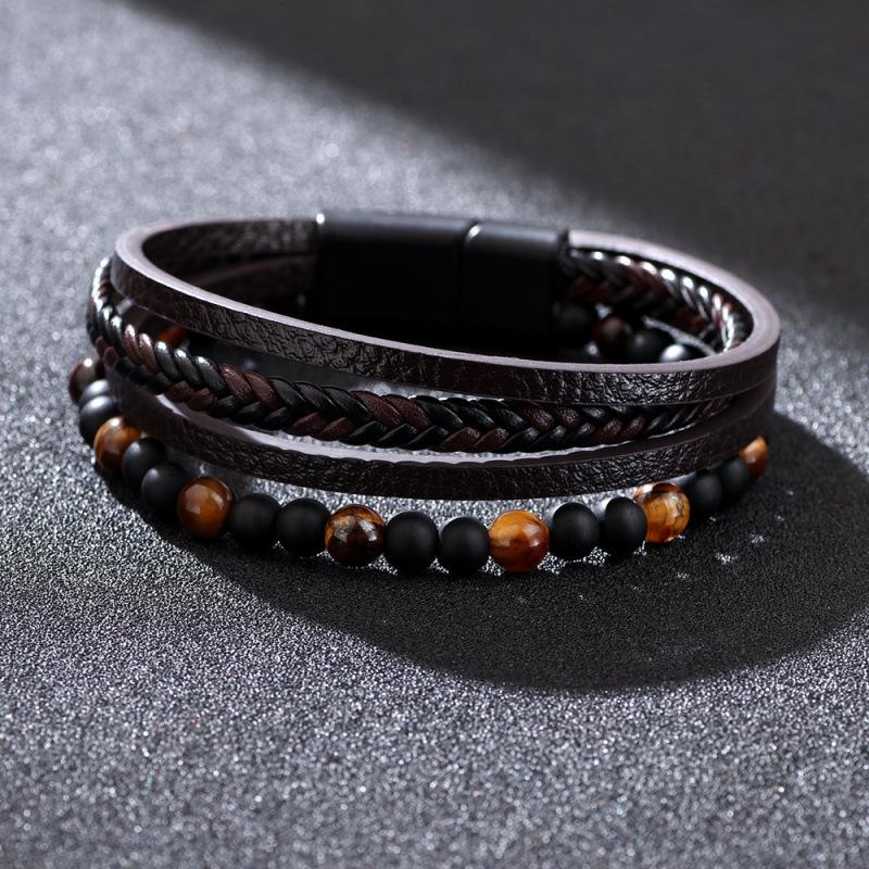 Men's Woven Tiger Eye Magnetic Buckle Bracelet - Natural Stone & PU Leather Retro Design