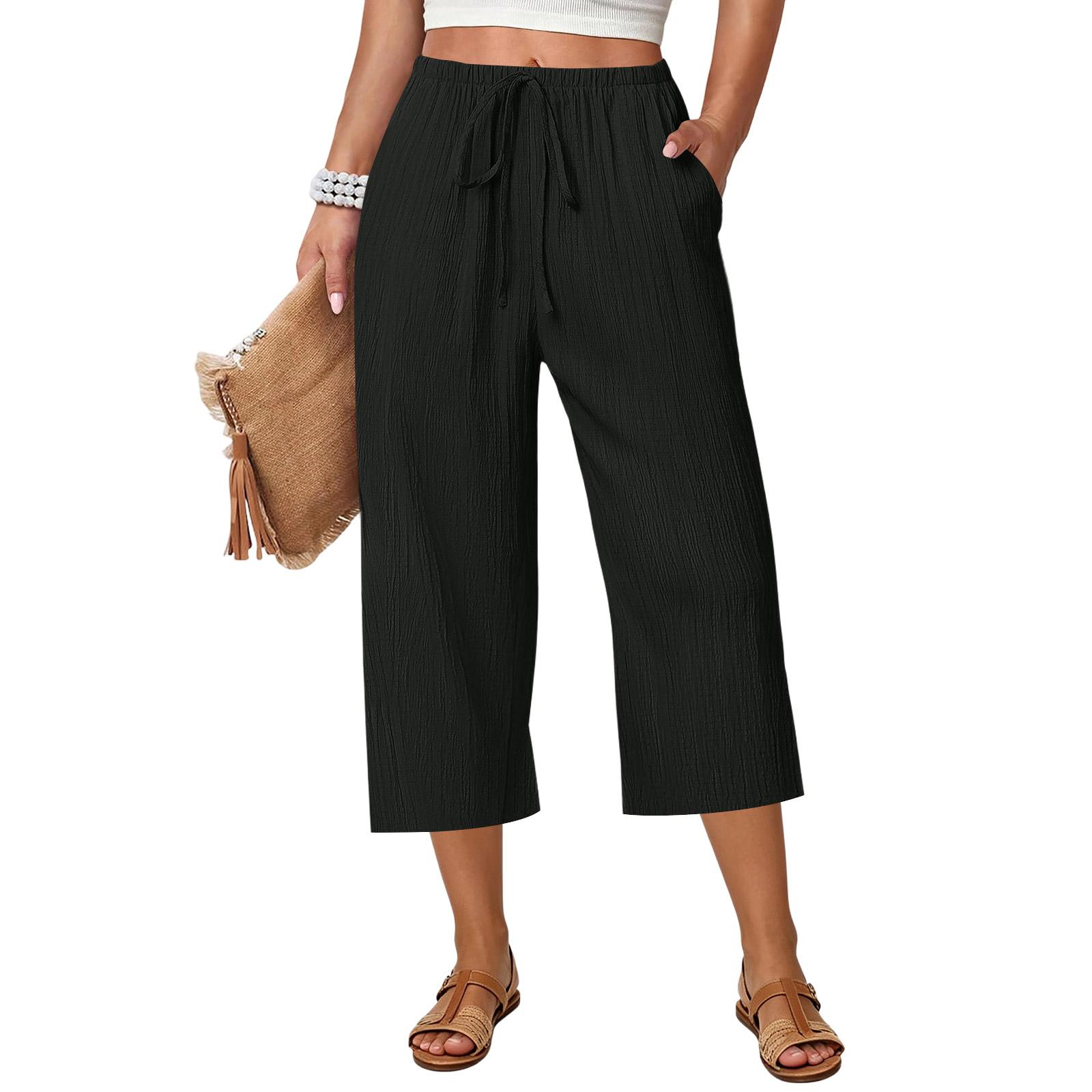 Women s Loose Straight Drawstring Pocket Casual Pants XL чёрный