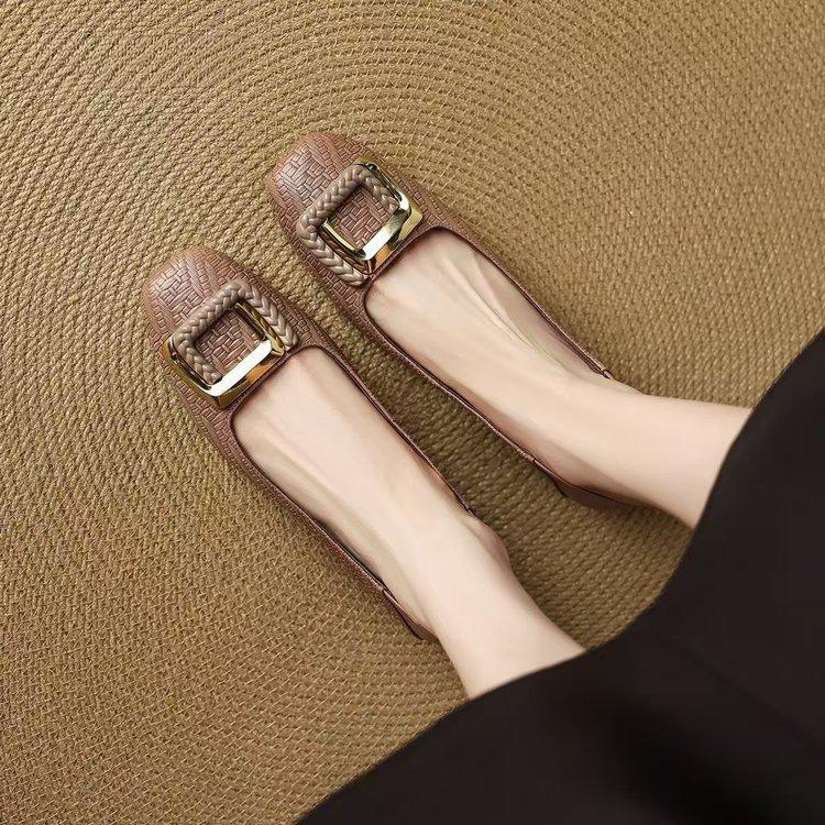 French Soft Leather Retro Shallow Mouth Single Shoes Autumn New Square Head Shoes Soft Sole Wear-resistant