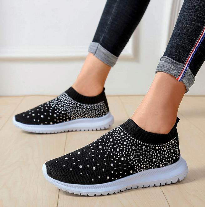Women's Lightweight Breathable Mesh Elastic Casual Shoes Striped Rainbow Rhinestone Shoes
