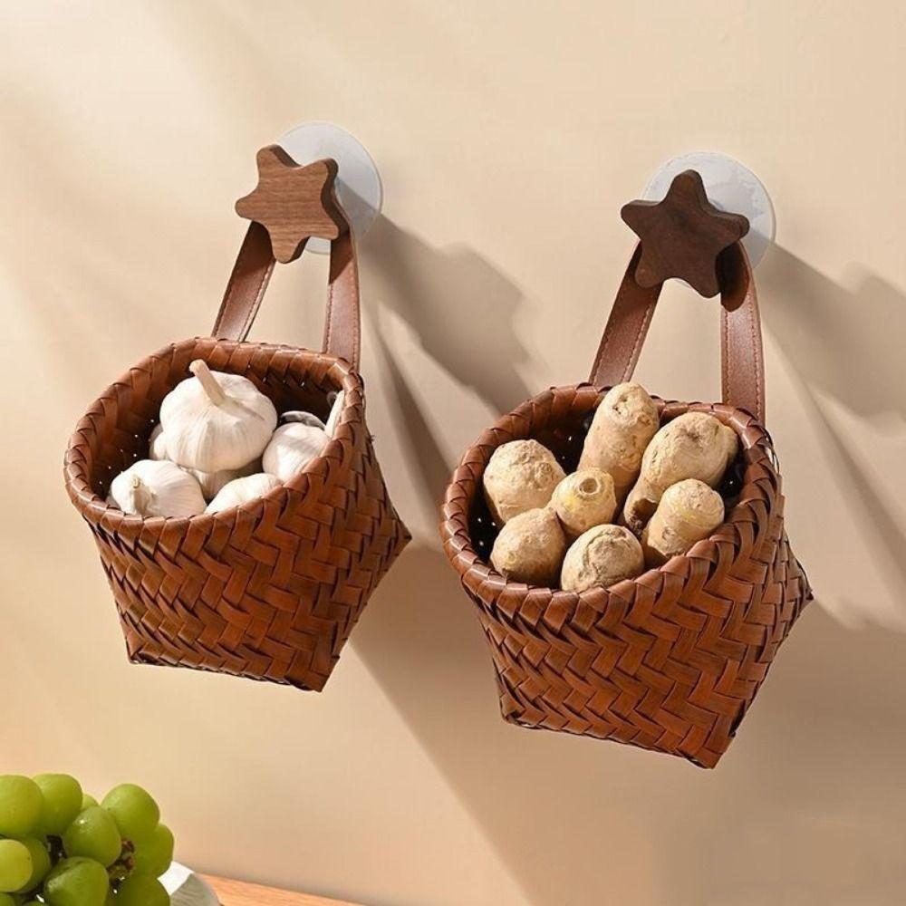 Hand-Woven Imitation Rattan Hanging Basket Plastic Garlic Ginger Storage Basket for Kitchen