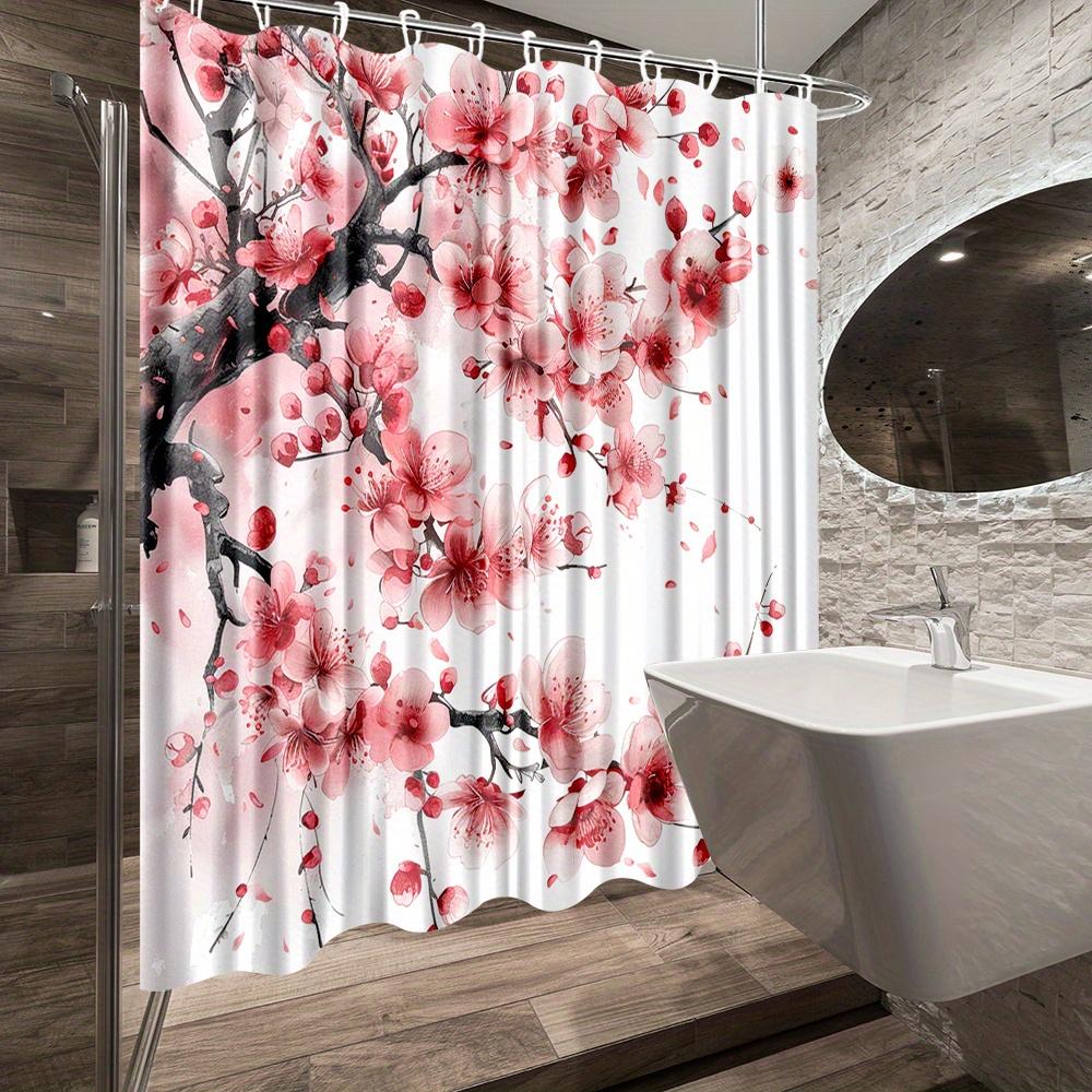 1Pc Cherry Blossom Shower Curtain With Floral Design For Bathroom Decor - Polyester Fabric, Comfortable And Vibrant Look, Includ
