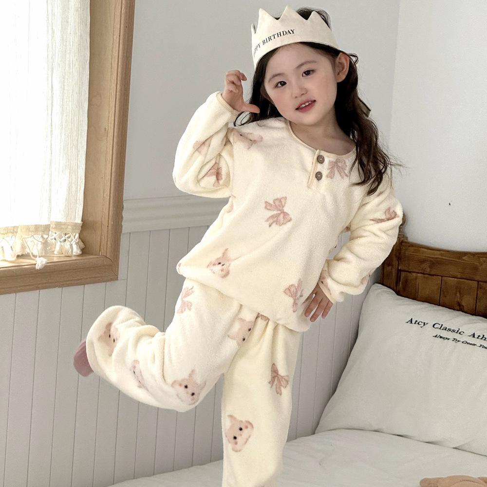 Set de pijamale din fleece dublu-față, stil coreean, pentru copii, cu desene animate, pentru băieți și fete - Îmbrăcăminte caldă de toamnă/iarnă
