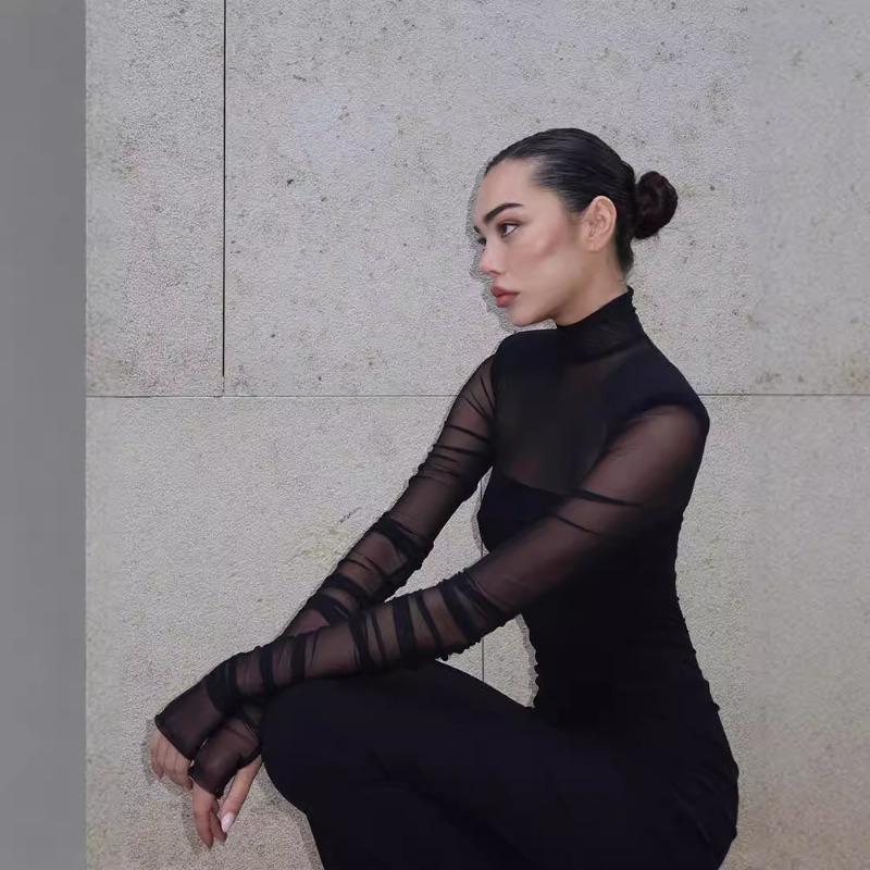 Women's Fall Fashion Temperament Semi-high Neck Gauze Patchwork Slim Dress