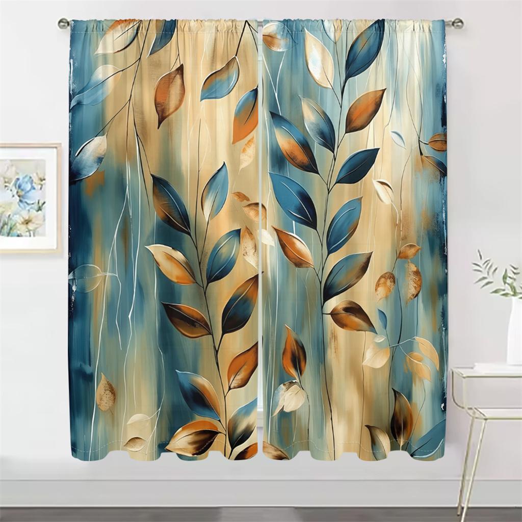 2Pcs Abstract Leaf Curtains 3D Blue Brown Botanical Pattern Living Room Bedroom Balcony Sunshade Modern Simple Decor Curtains