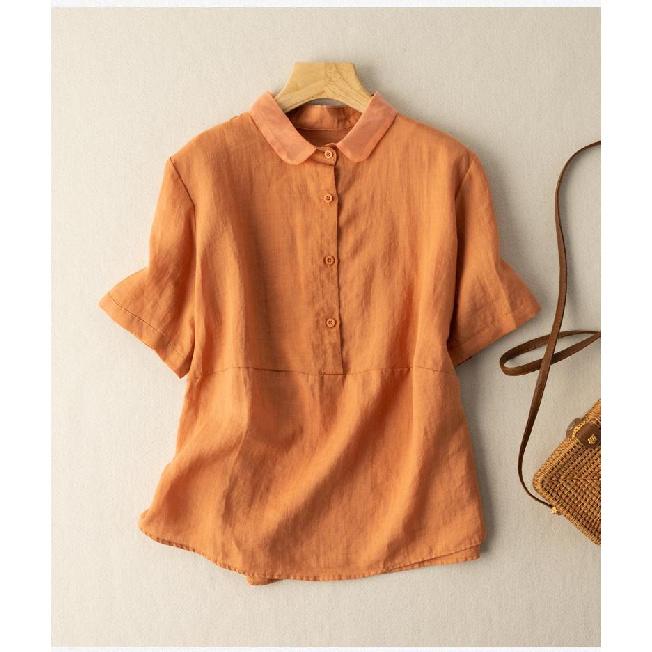 Solid Color Short-Sleeve Pullover Linen Shirt for Women, Vintage Hong Kong Style Cotton-Linen Blouse, 2026 Spring/Summer New Arrival