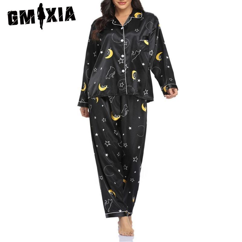 GMXIA Dames todelt loungewear-pysjamas i stretchsateng