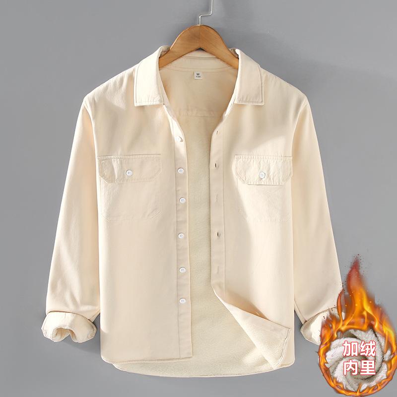 

Зимние теплые мужские рубашки, повседневные утолщенные рубашки-карго для мужчин, однотонная флисовая рубашка с воротником-лацкан и двойными карманами, молодежная мода, повседневные топы M абрикосовый