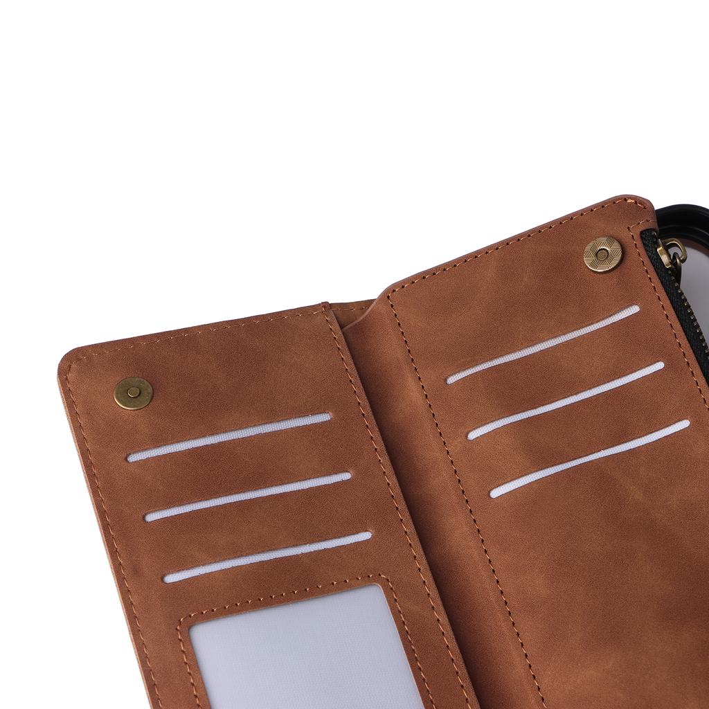 For iPhone 16 Plus Case Zipper Pocket PU Leather Wallet Phone Stand Cover with Strap