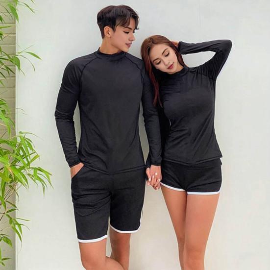 2 Pcs/Set Unisex Swimsuit Quick-drying Breathable Soft Leaf Print O Neck Long Sleeves Wetsuit Pockets Couple Surfing Clothes Diving Bathing Suit