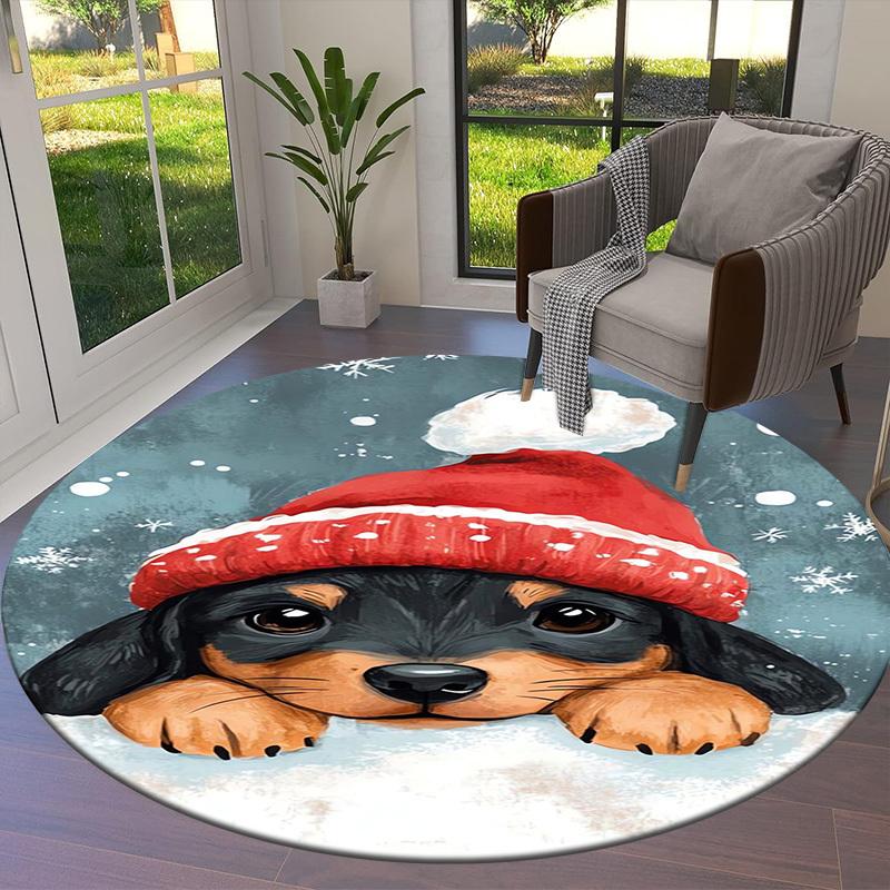 1pc Christmas puppy with Santa hat Round carpet, Made of Polyester,Office Chairs, Living Rooms, Or Bedrooms, a Cool Rug for The Living Room.ydt26039
