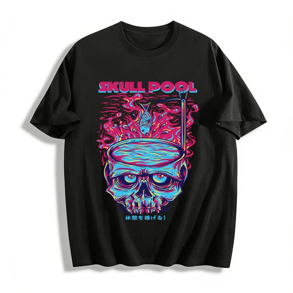 Vintage Dark Skull Pool Fish Print Trendy Graphic Tee Pure cotton T-shirt XXS