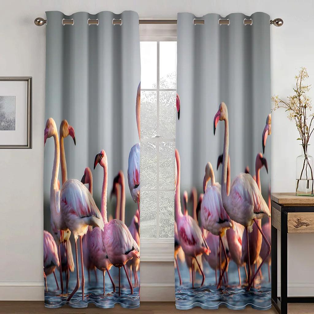 High Quality Flamingo Beach Sea Print Thick Blackout Curtain Pink Animal for Living Room Window High Shading Curtains New Drape