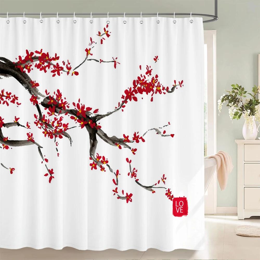 landscape Fabric Shower Curtain Bathroom Curtains Chinese style Ink Scenery Flowers Birds Waterproof Decor Bath Screen with Hook