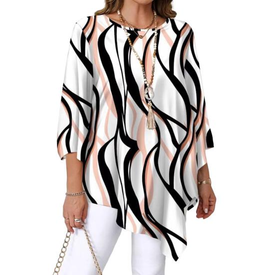 

Women Tops Three-Quarter Sleeve Round Neck Abstract Print Tee Tops Loose Fit Irregular Hem Summer Leisure Blouse XXXXXL