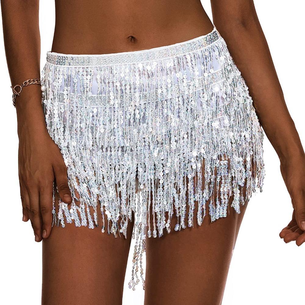 Sequins Belly Dance Waist Chain 4-Layer Tassel Hip Scarf Latin Dance Hula Short Skirt  Party