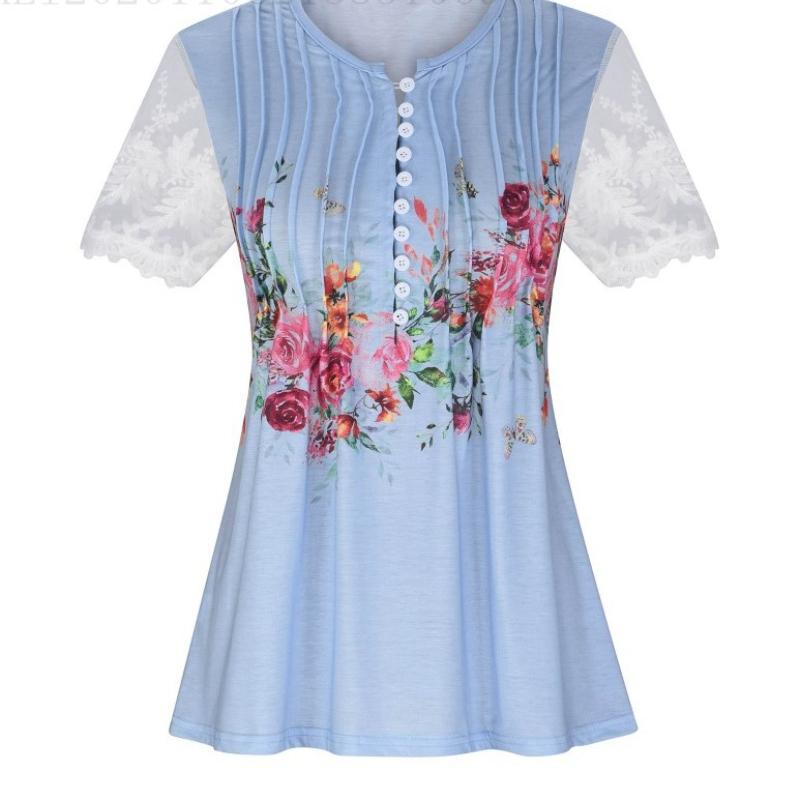 Sommer Neue Blumendruck Beiläufige Lose Blusen Frauen Mode Elegante Vintage Rüschen Spitze Kurzarm Shirts für Frauen Rundhals Slim Fit tops 26515