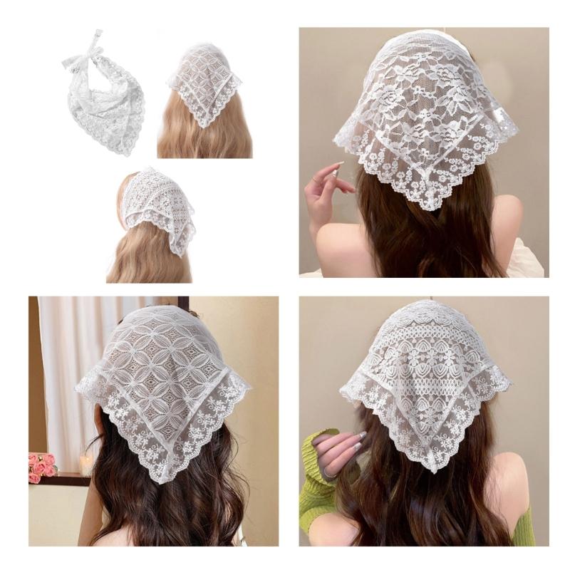 Hot Girls White Lace Bandana Summer Sunproof Turban Tie Back Camping Headwrap Lovely Girls Traveling Hair Kerchief