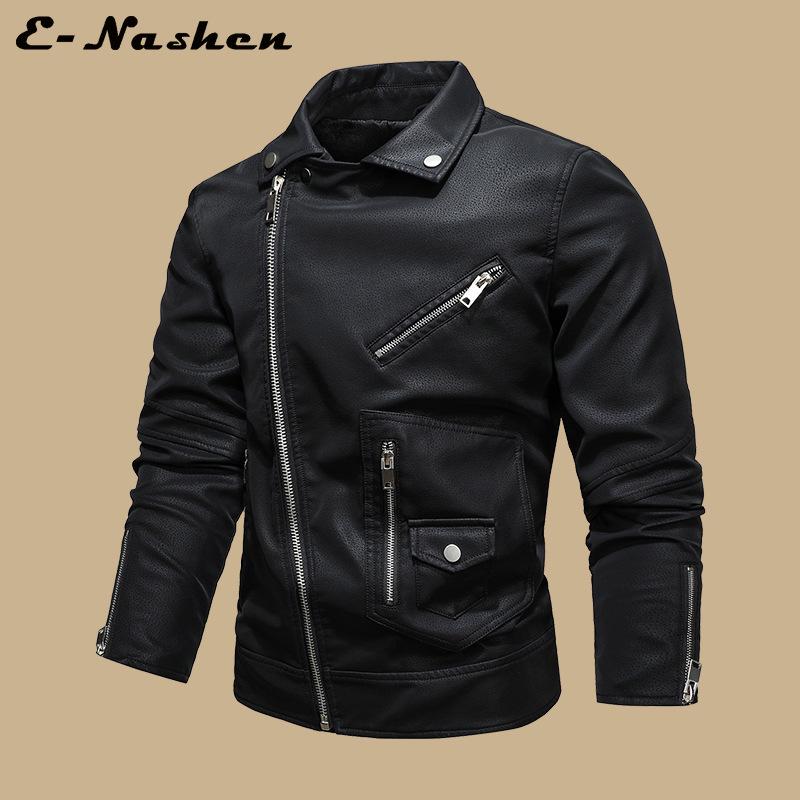 Modna Męska Skórzana Kurtka Motocyklowa w Dużym Rozmiarze z Wieloma Zamkami i Dużym Klapą
