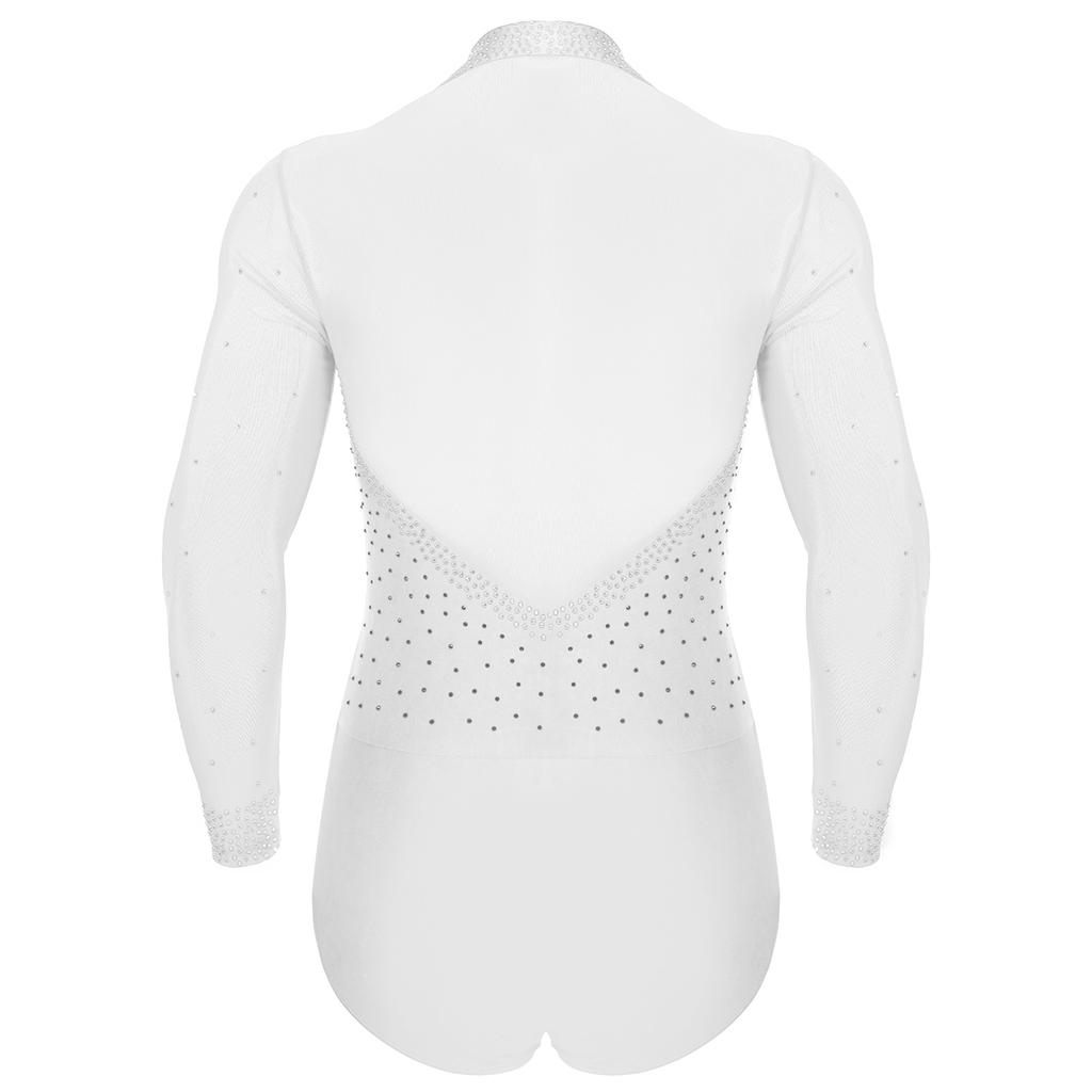 Mens Latin Dance Leotard Lapel Collar Sheer Mesh Patchwork Long Sleeve Sparkly Rhinestone Bodysuit Tango Costume