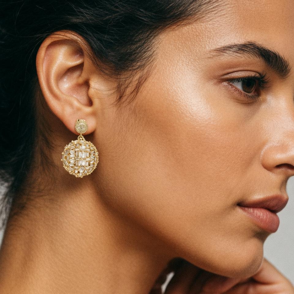 Nidin Light Luxury 3D Ball Drop Earrings For Women Shiny Baguette Cubic Zirconia Paved Round Wedding Party Prom Jewelry Gifts