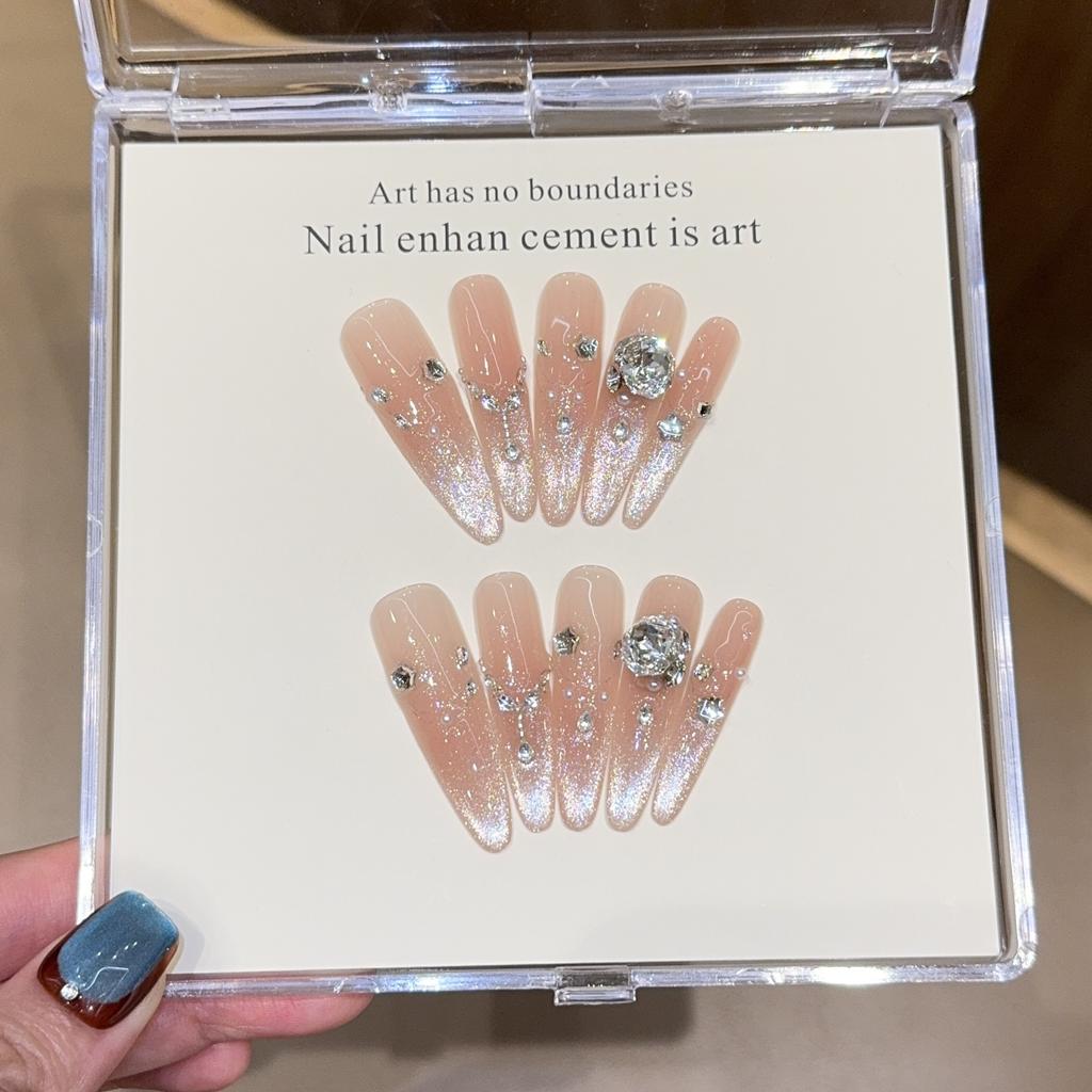 Zircon ins wind cat's eye pure handmade wearing nail nude white pure desire advanced long nail art patch fake nail