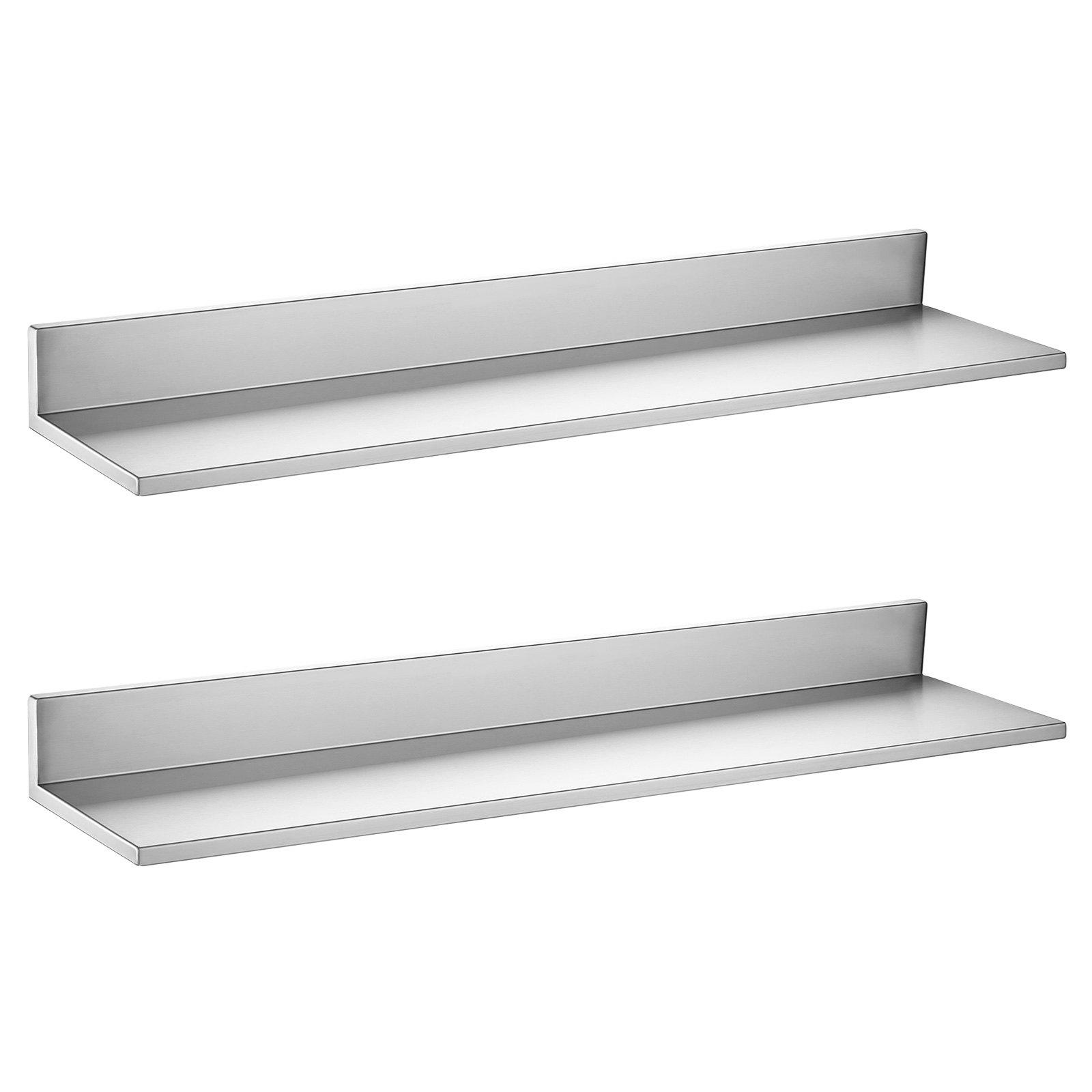 VEVOR Nerezová polica 218 x 914 mm 2 ks Nástenná plávajúca polica, Pevné L-tvarované komerčné police, Silná nosnosť 30 kg