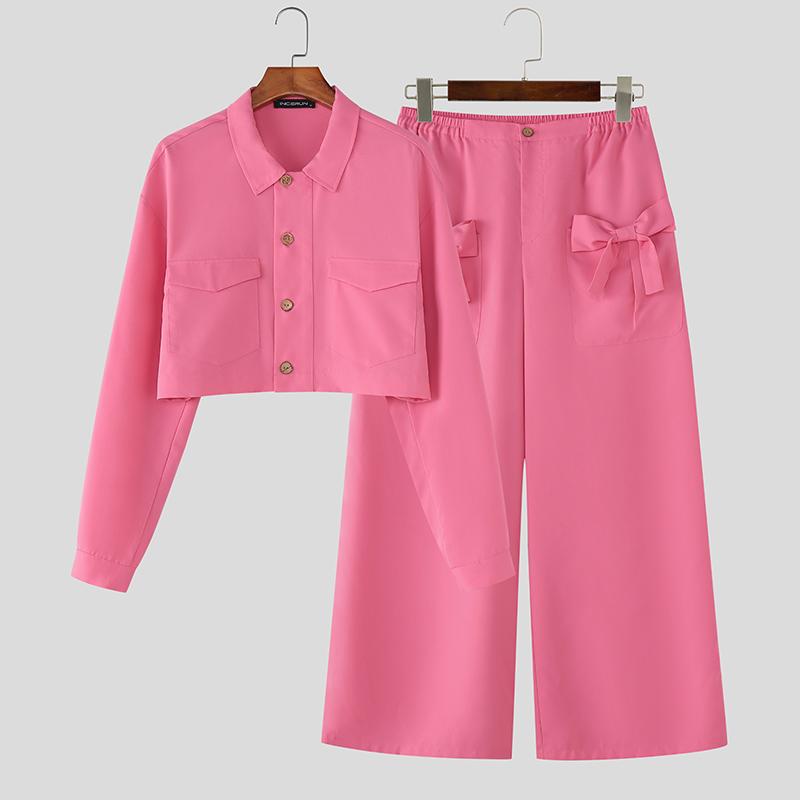 

INCERUN Комплекты из двух предметов Мужской отложной воротник Длинный рукав Укороченная рубашка Бант Длинные брюки Наряды 5XL темно-розовый