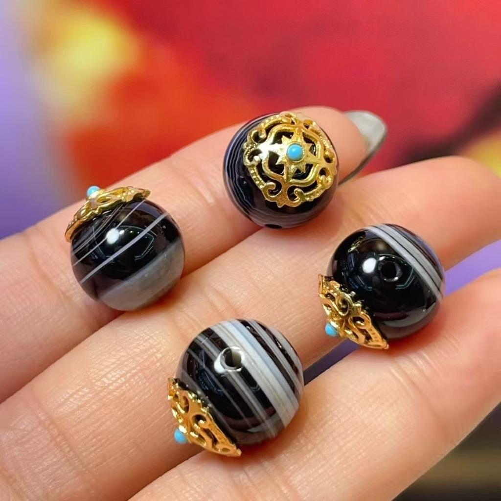 5Pcs, Tibetan Dzi Beads, Golden-Plated Carved Decor with Gemstone Inlay, Ethnic Style DIY Bracelet Necklace Jewelry Spacer, Loose Beads 12×14mm