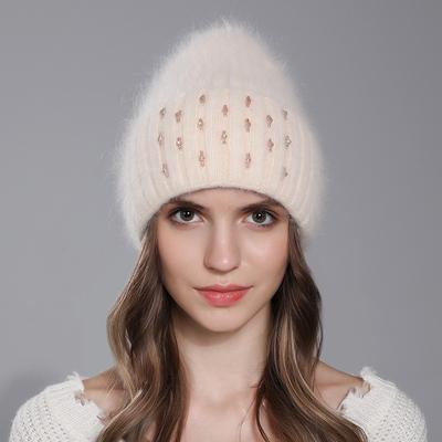 Winter Hat for Women Warm Knitted Angora Rabbit Fur Beanies Fashion with Bead Hats Female High Quality Casual Luxury Cap