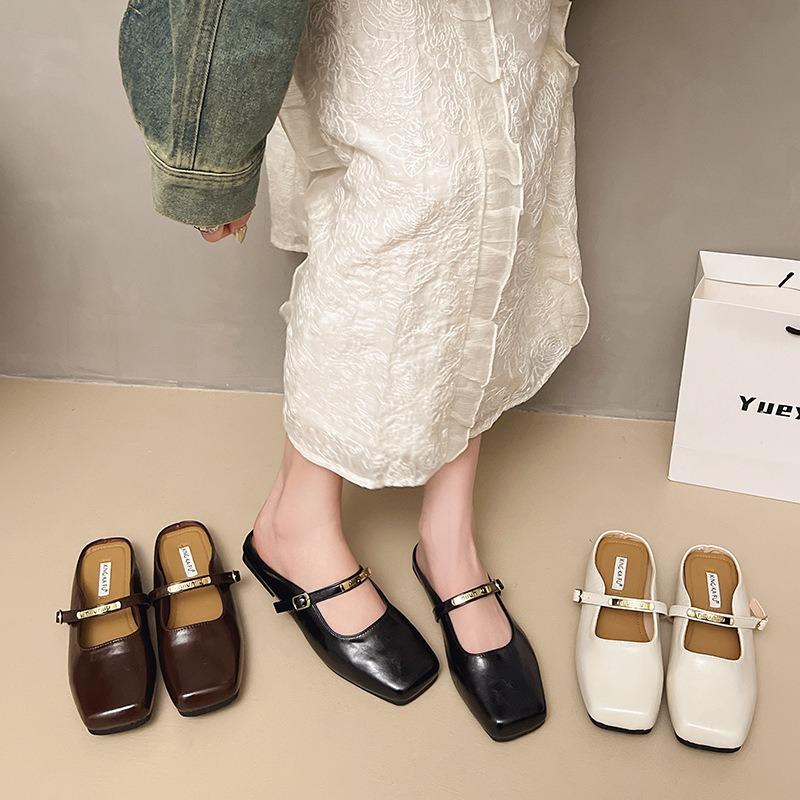 Baotou Half Slippers Women's Summer Outer Sandals Summer New Square Head Flat Sole Single Shoes Soft Sole Shoes