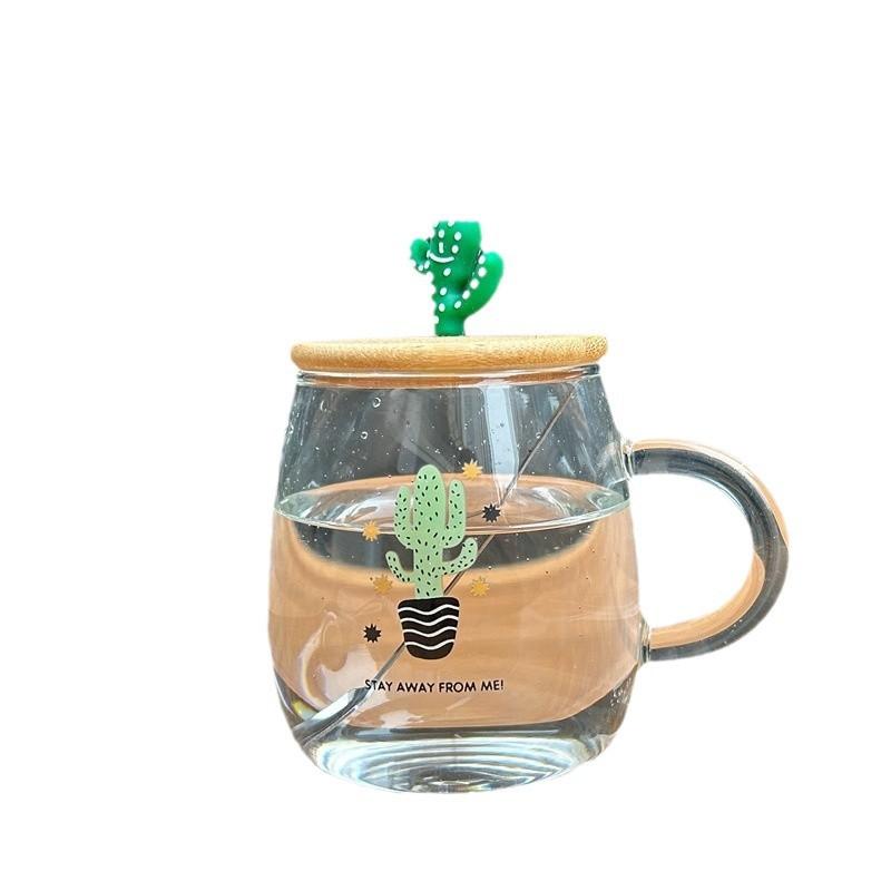 Hitzebeständige Glas-Milchtasse mit Griff Mikrowellenheizung Frühstückstasse mit Deckel Löffel für Haushalt Damen Flacher Boden Wasserbecher