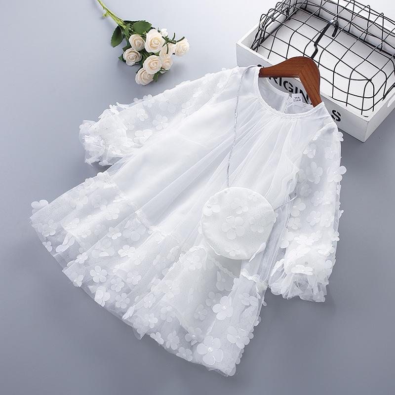 Neue Frühlingslieferung: Mädchen-Langarm-Netz-Blumenkleid mit Tasche - Glänzender Koreanischer Stil