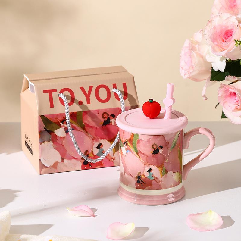 

Flower Sea Girl Ceramic Mug Goddess Couple Gift High Pretty Oil Painting Water Cup Souvenir Gift Cup Gift Box 301-400ml