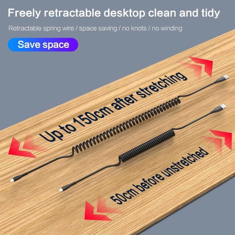 USB Type-C Cable Fast Charging Charger Type C USB C Coiled Retractable Phone Car Charging Cord Type A to C