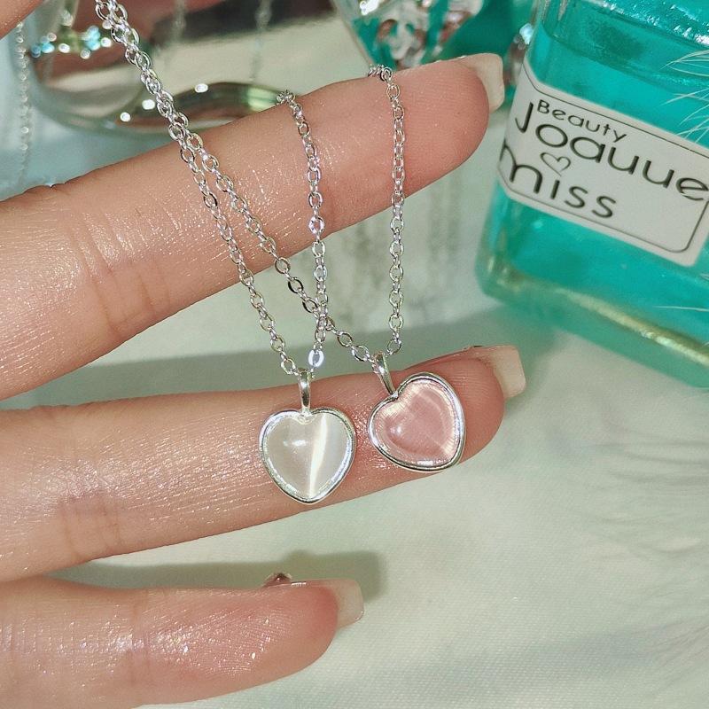 925 Silver Pink Cat Eye Stone Love Necklace For Women Sweet And Cute Heart-Shaped Collarbone Chain Wedding Jewelry