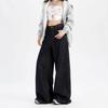 Women's Dark Blue High-Waisted Wide-Leg Jeans - Retro Floor-Length Petite Pants for Spring and Autumn