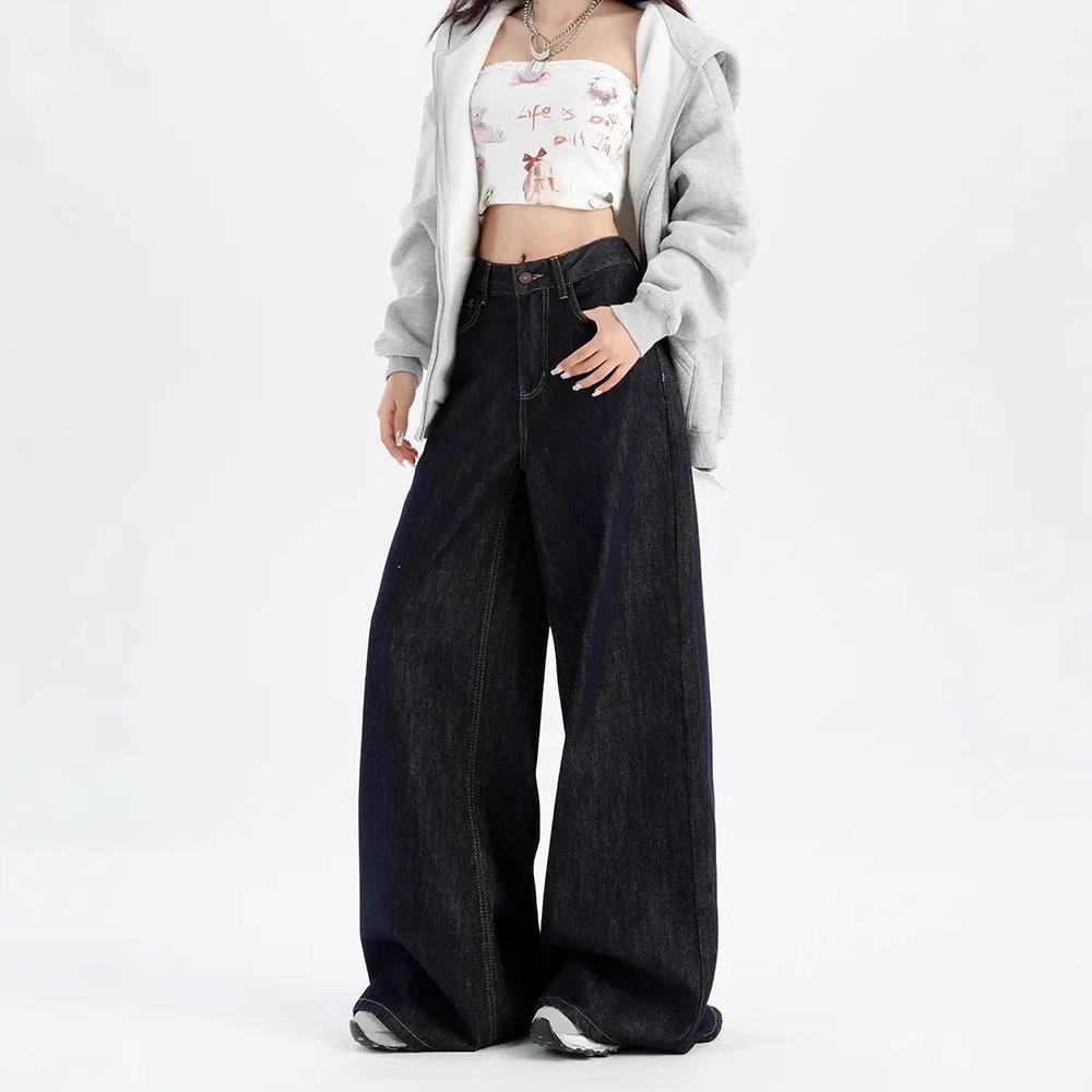 Women's Dark Blue High-Waisted Wide-Leg Jeans - Retro Floor-Length Petite Pants for Spring and Autumn