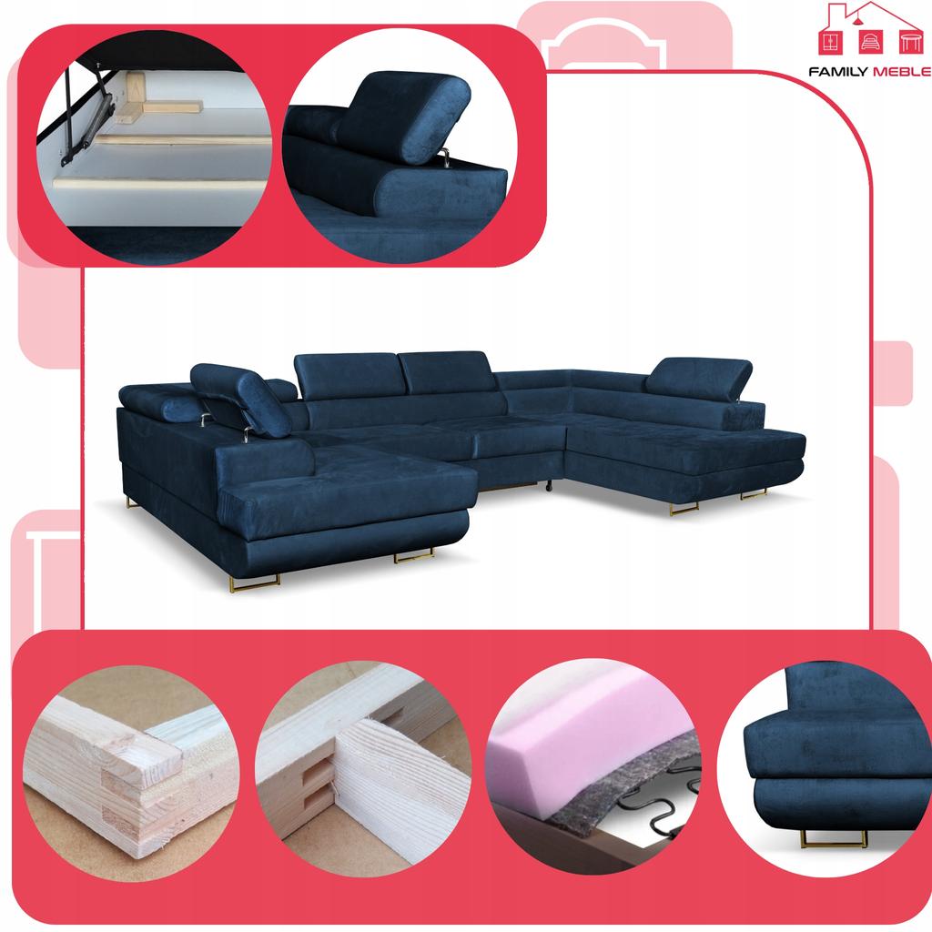 U-shaped Corner Sofa Bed, Extendable F. Bosso Family Sleeping Furniture Navy Blue Velvet