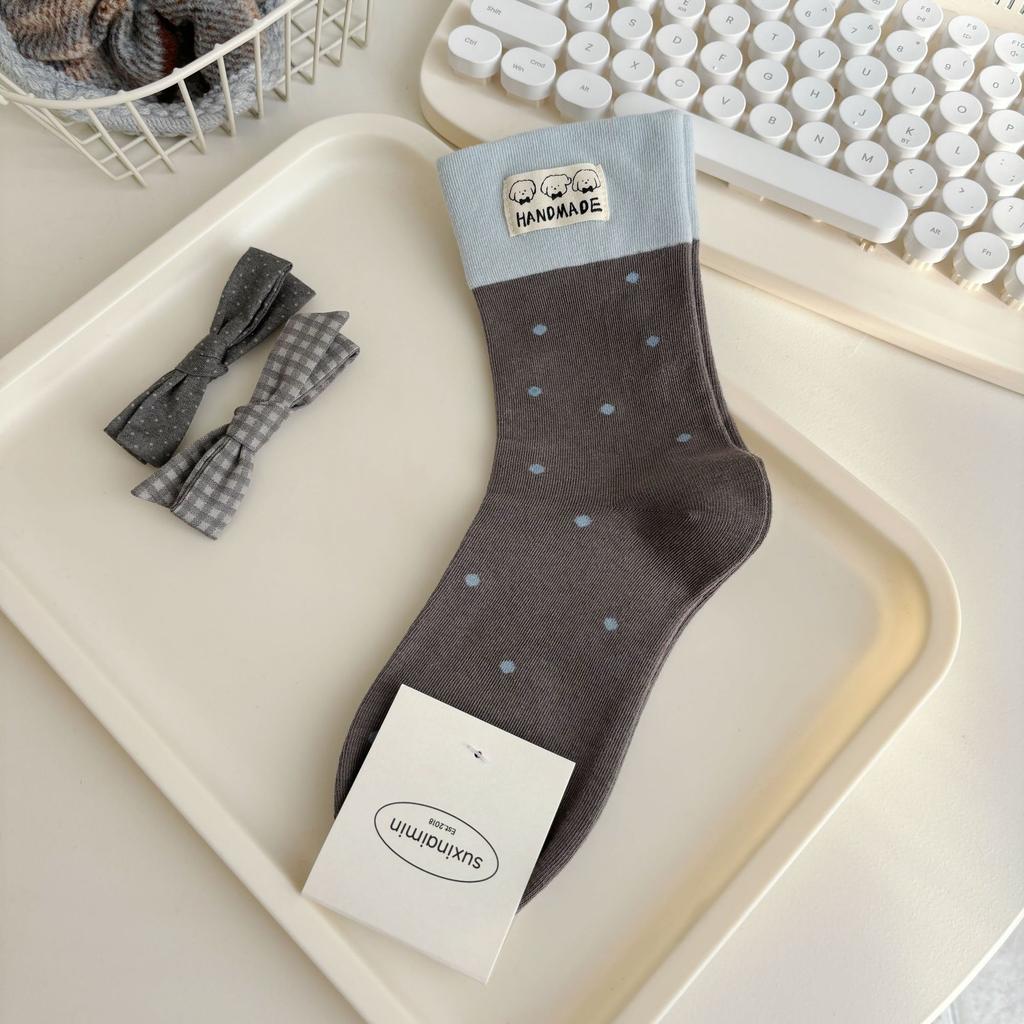 Ladies Autumn Cartoon Cute Dog Cloth Logo Striped Polka Dot Contrast Color Cotton Medium Tube Pile Socks