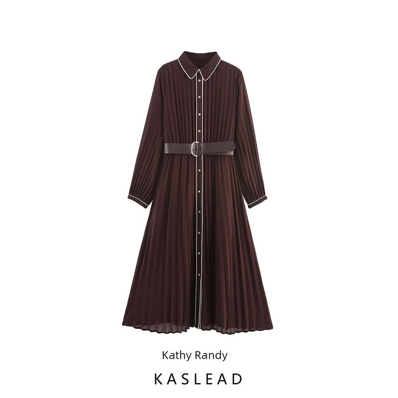 Kaslead New Women clothes Western Style Fashion With Belt Pleat Midi Dress 4387225