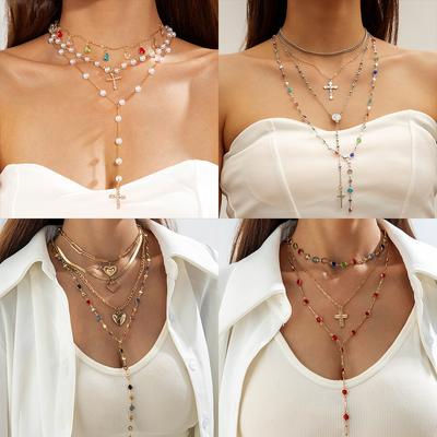 Elegant Imitation Pearl Necklace Female, Colored Rhinestone Cross Multi-layered with Y-shaped Necklace