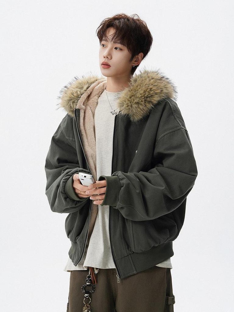 Golden Eagle Fleece-Lined Fur Collar Jacket – Unisex Trendy Casual Cotton Coat for Autumn/Winter.