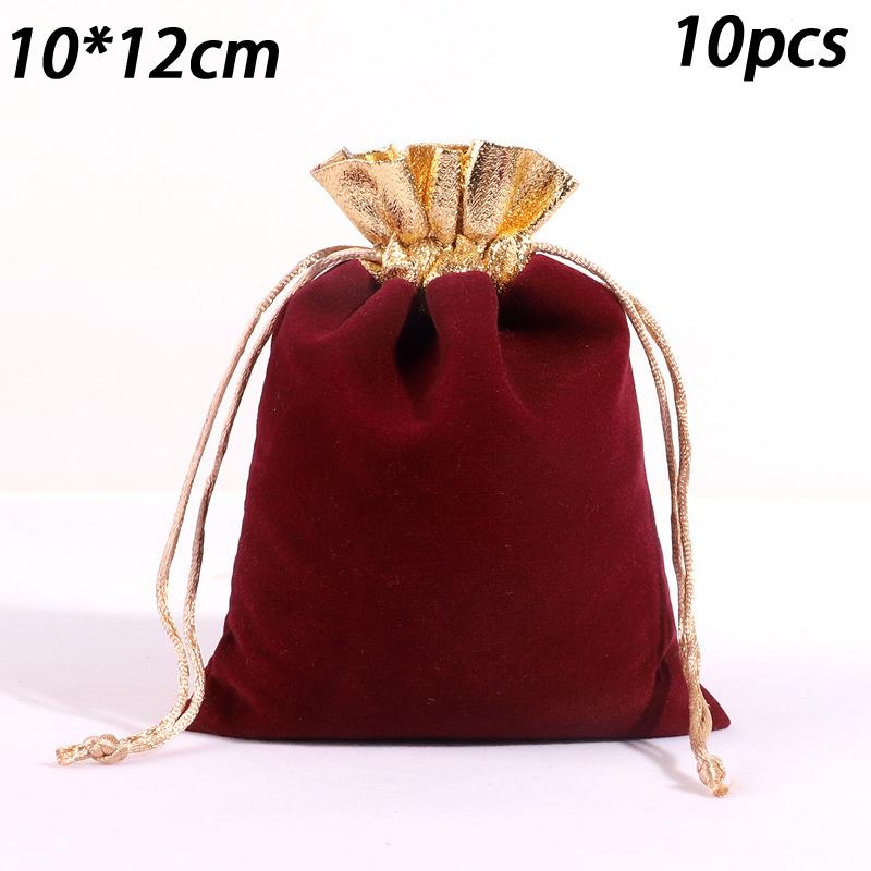 

10pcs/lot Vintage Velvet Bag Gold Color Trim Drawstring Red Gift Bags Wedding Jewelry Packaging Pouches S вина червоного кольору