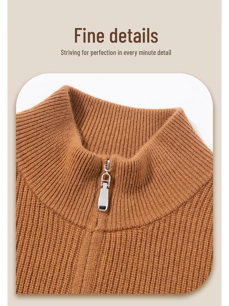 Men's 100% Wool High Collar Zipper Sweater - Thick, Warm Knitted Base Layer for Autumn/Winter