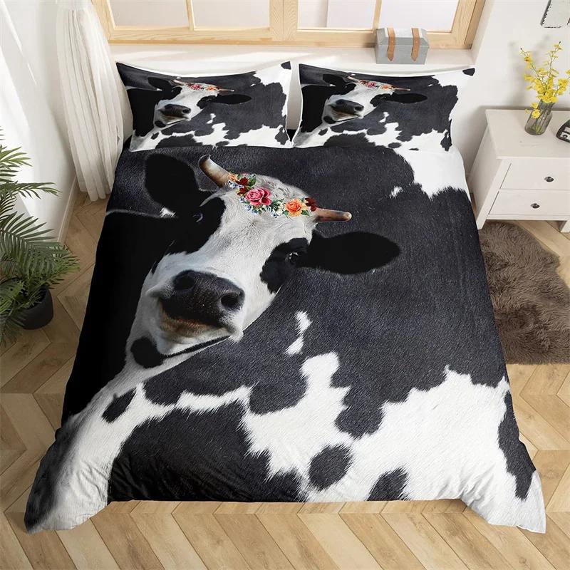 Funda nórdica tamaño king con estampado de animales de granja, de microfibra y piel de vaca. Juego de ropa de cama estilo western con estampado de piel de vaca para niños y niñas.