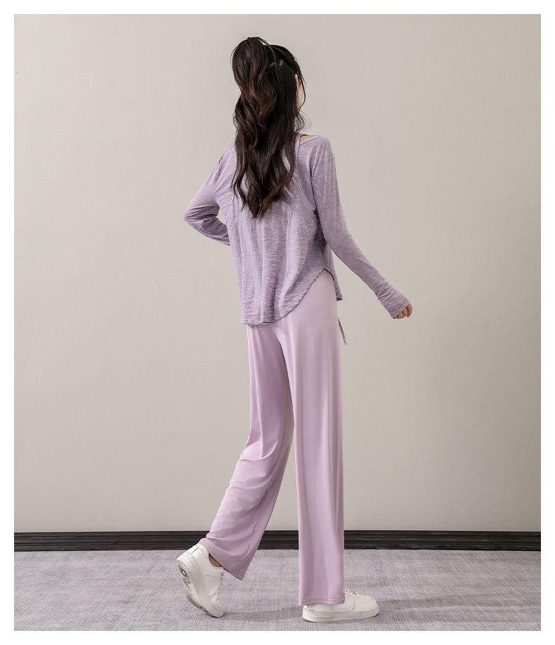 Women's Summer Casual Sportswear Set: 2024 Loose Long Sleeve Yoga Top with Sun Protection and Ice Silk Straight-Leg Pants